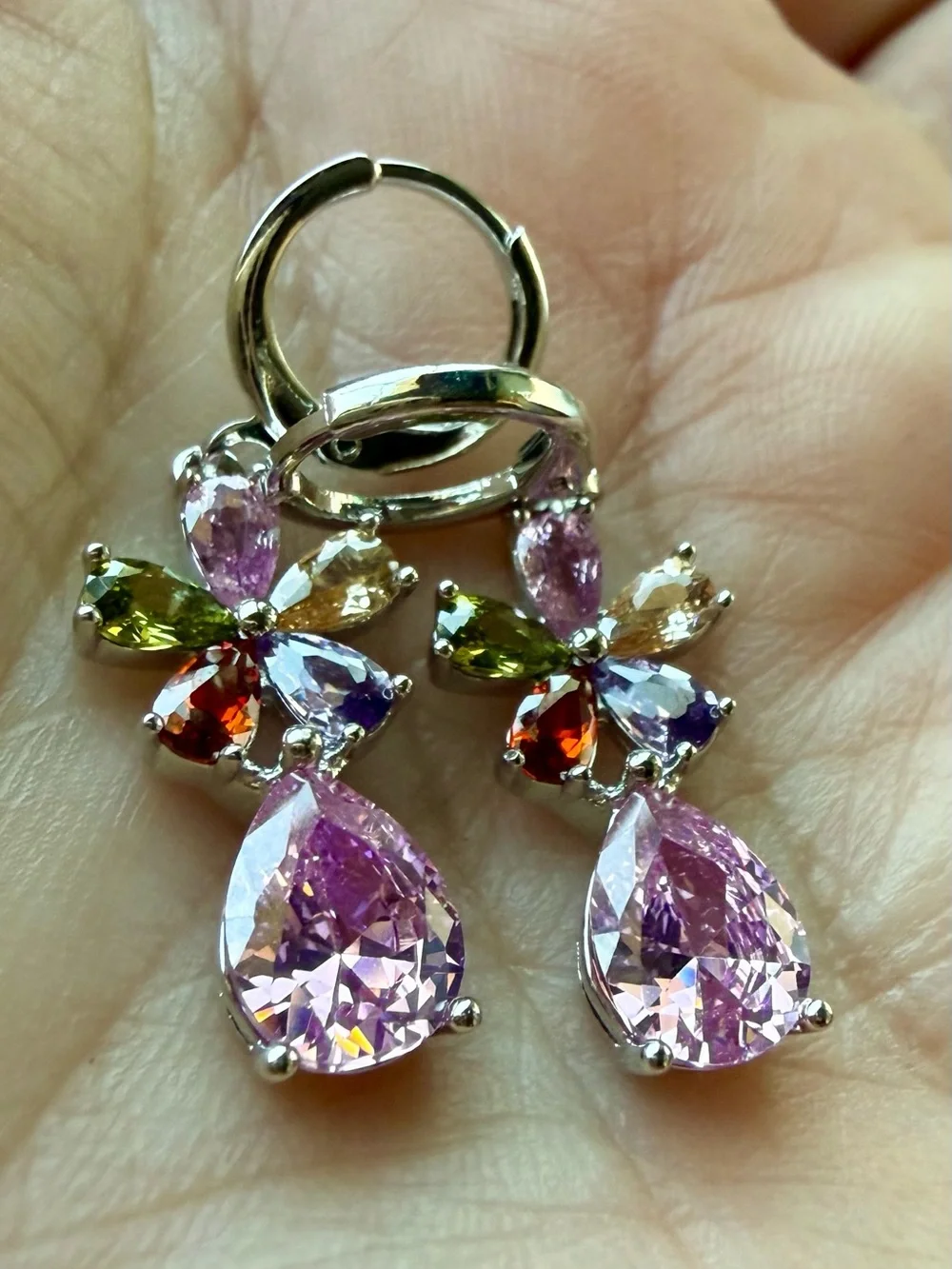 NEW!! Multi-Color Flower Drop Earrings with Pink Teardrop Gem